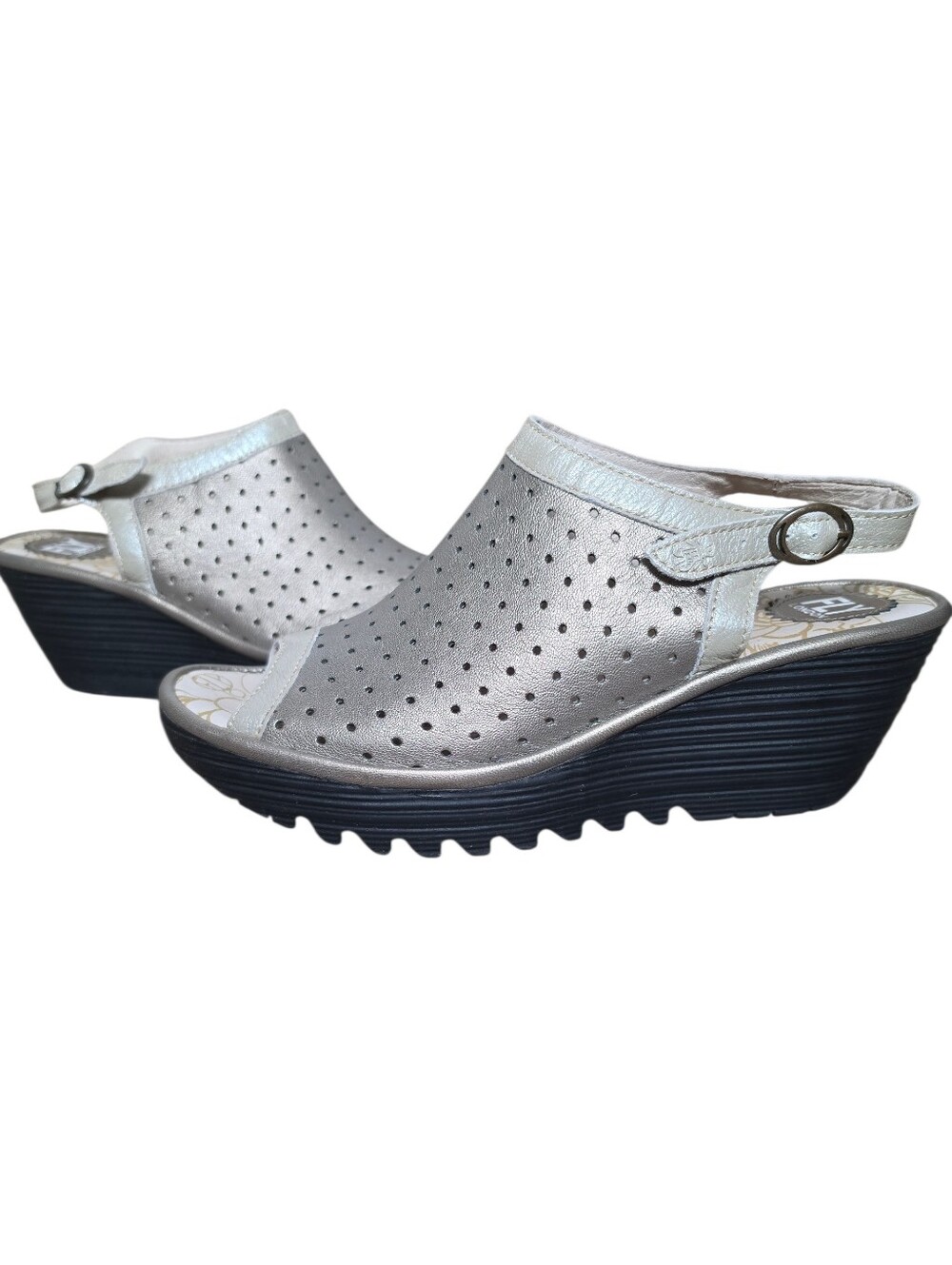 Fly London Yile Perforated Metallic Bronze Peep-Toe Wedge Sandals Women's 10
